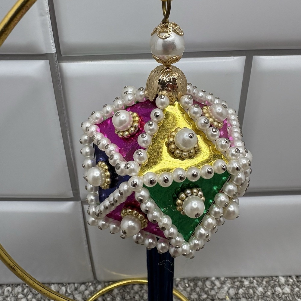 Vtg Christmas Ornament Geometric Push Pin Beaded Foil Faux Pearl w Tassel - Picture 2 of 10